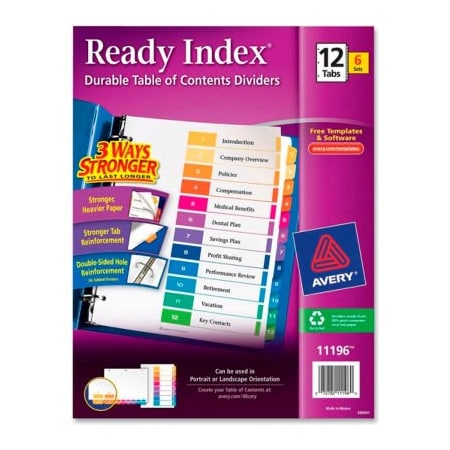 Avery Dennison Avery Ready Index T.O.C. Reference Divider, 1 to 12, 8.5"x11", 12 Tabs, 6 Sets, White/Multi 11196